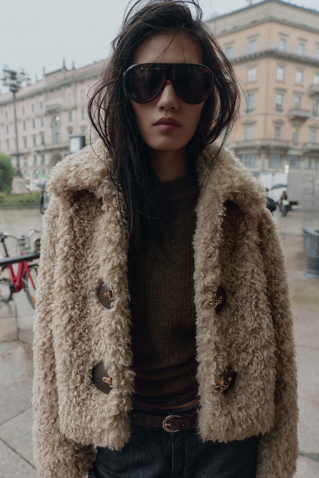 Zara FAUX FUR JACKET WITH FIREMAN CLASP