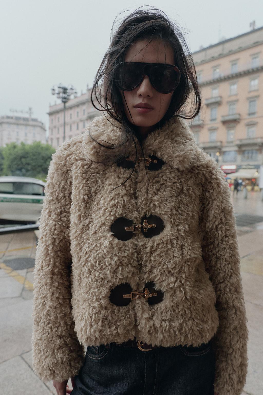 Zara FAUX FUR JACKET WITH FIREMAN CLASP