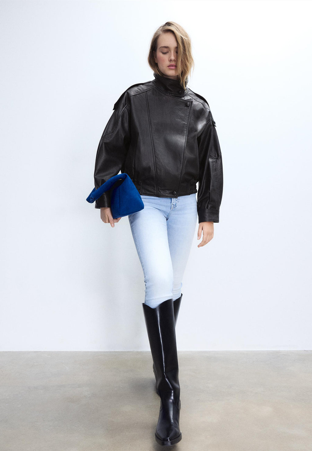 Stradivarius OVERSIZED JACKET WITH LAPEL, 100% LEATHER