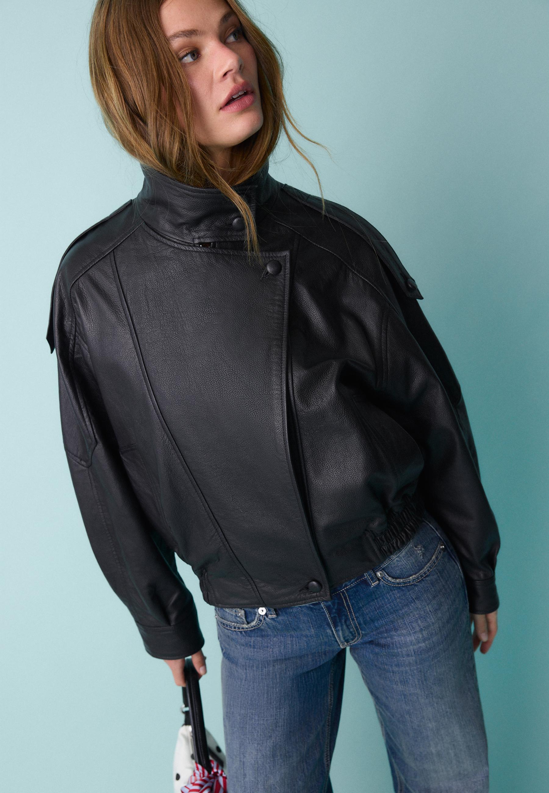 Stradivarius OVERSIZED JACKET WITH LAPEL, 100% LEATHER