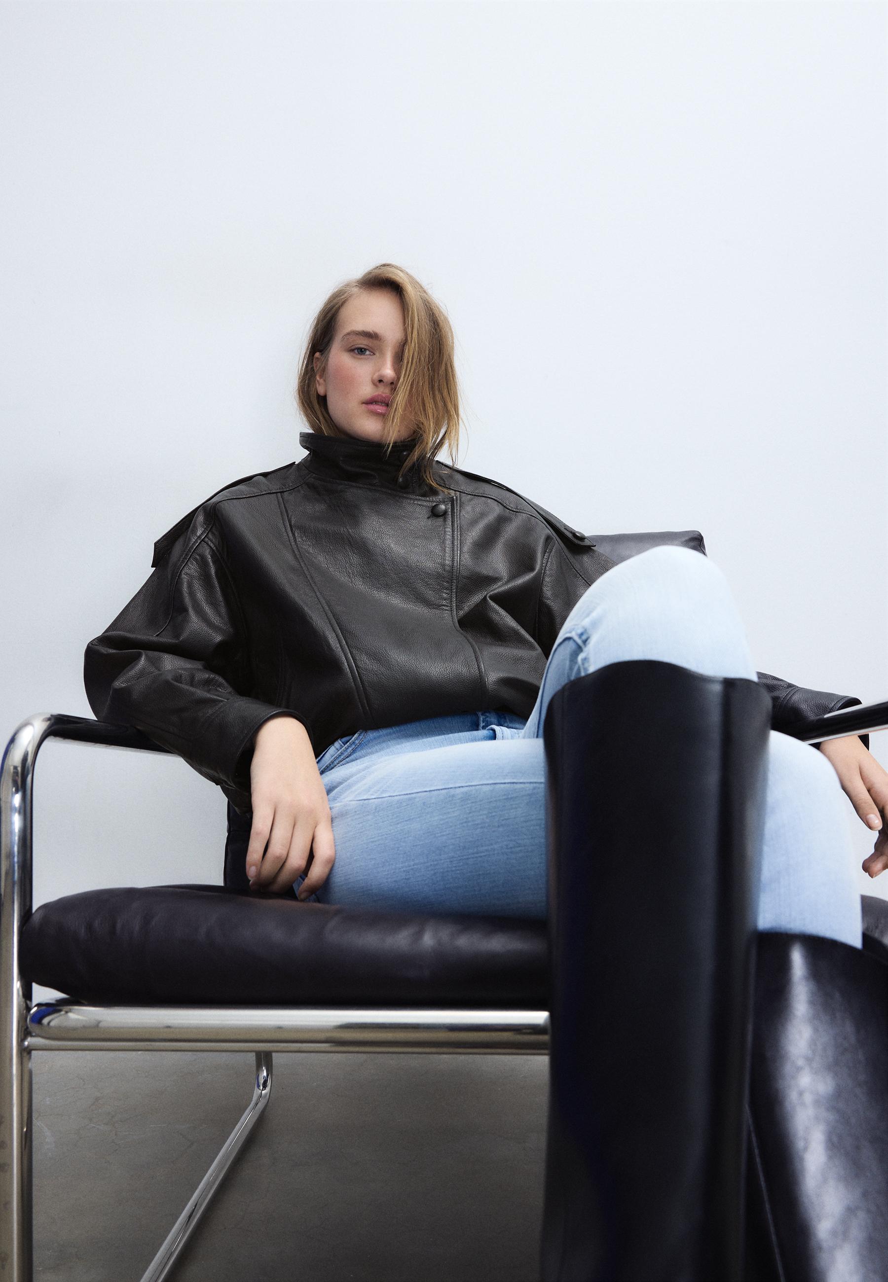 Stradivarius OVERSIZED JACKET WITH LAPEL, 100% LEATHER