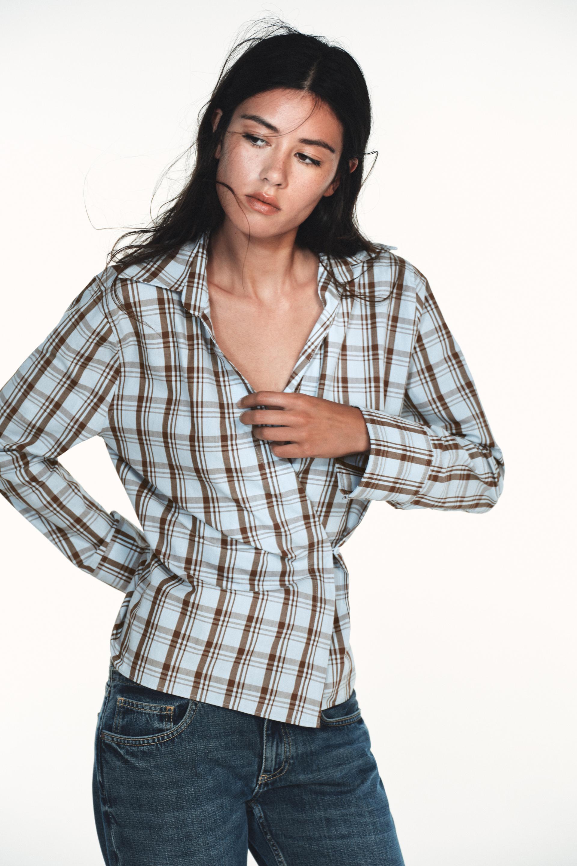 Zara CHECK POPLIN WRAP SHIRT